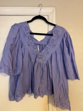 Free People Lavender Eyelet Smocked Peasant Blouse